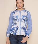 Blue Print Cotton Blend Top