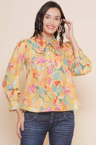 Mustard Print Cotton Blend Top