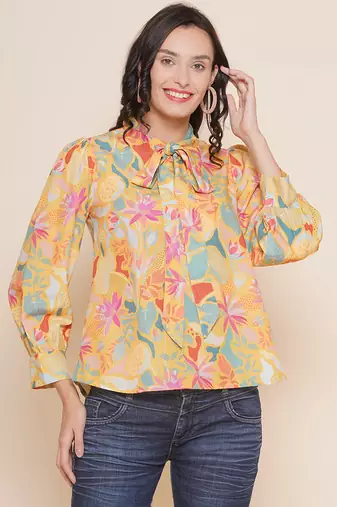 Mustard Print Cotton Blend Top