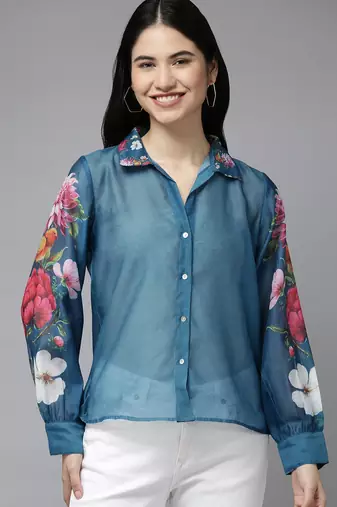 Teal Print Silk Blend Top