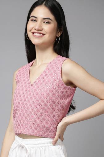 Pink Embroidered Silk Blend Top