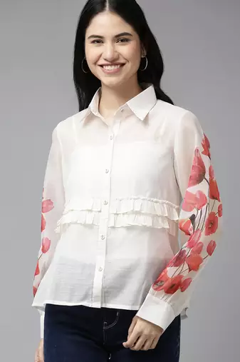 White Print Silk Blend Top