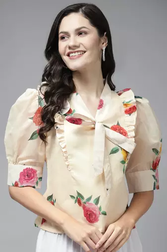 Beige Print Poly Silk Top