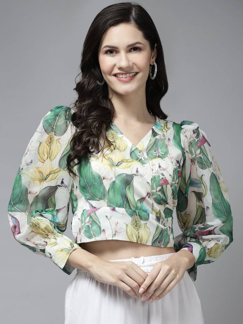 White Print Poly Silk Top