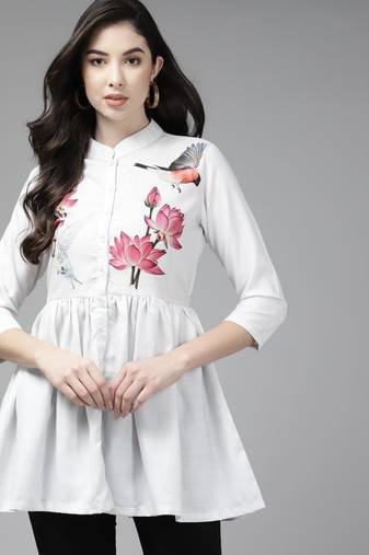 White Print Cotton Blend Top