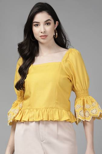 Yellow Solid Cotton Blend Top