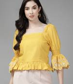 Yellow Solid Cotton Blend Top