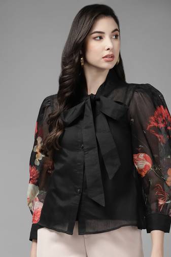 Black Print Poly Silk Top