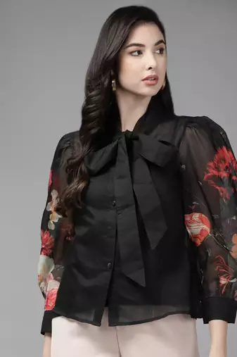 Black Print Poly Silk Top
