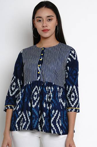 Blue Print Cotton Blend Top