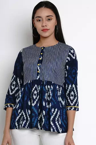 Blue Print Cotton Blend Top
