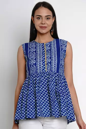 Blue Print Cotton Blend Top
