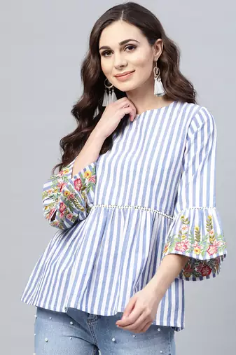 Blue Print Cotton A-Line Top