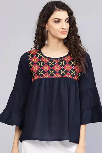 Navy Blue Embroidered Cotton A-Line Top