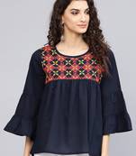 Navy Blue Embroidered Cotton A-Line Top