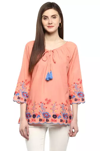 Peach Embroidered Cotton A-Line Top