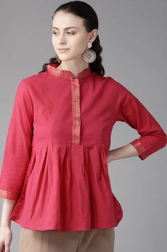 Pink Solid Cotton A-Line Top