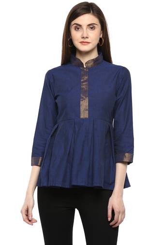 Navy Blue Solid Cotton Top