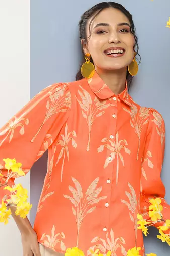 Orange Print Cotton Blend Top