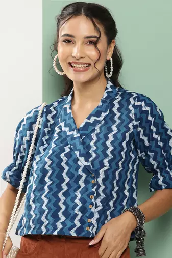Blue Print Cotton Blend Top