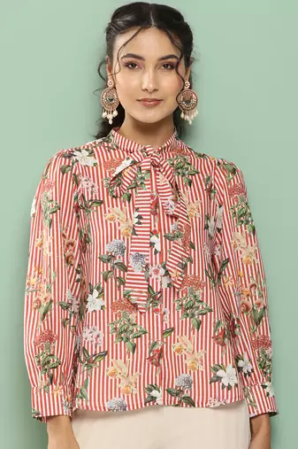 Red Print Cotton Blend Top