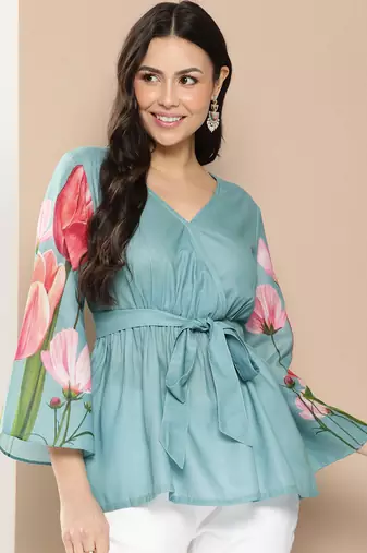 Turquoise Print Cotton Blend Flared Top