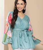Turquoise Print Cotton Blend Flared Top