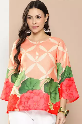 Coral Print Cotton Blend Straight Top
