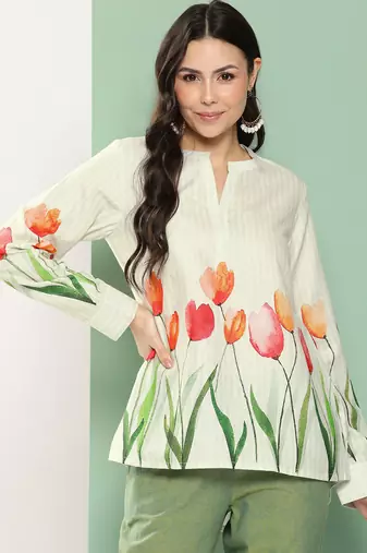 Beige Print Cotton Blend A-Line Top