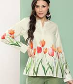 Beige Print Cotton Blend A-Line Top