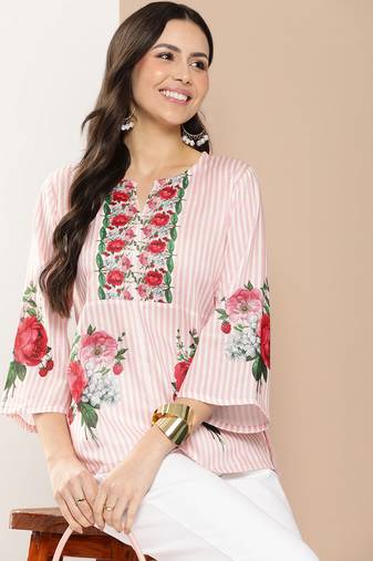 Peach Print Cotton Blend A-Line Top