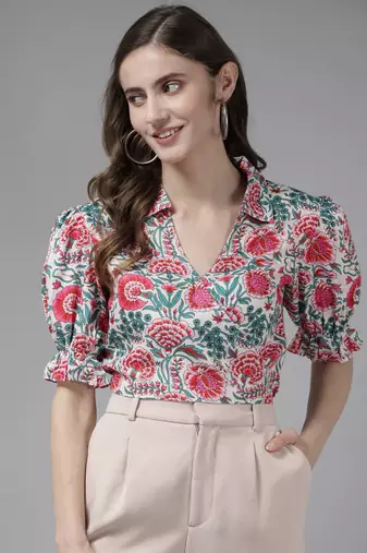 White Print Cotton Blend Top