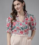 White Print Cotton Blend Top