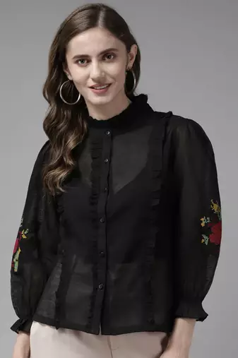 Black Embroidered Silk Blend Top