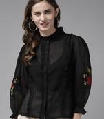 Black Embroidered Silk Blend Top