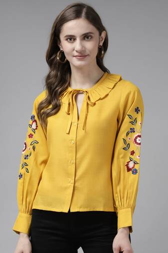 Yellow Embroidered Cotton Blend Top