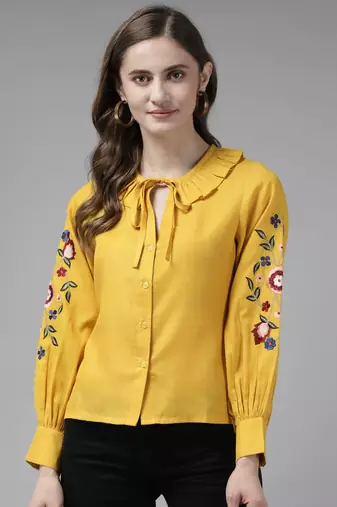 Yellow Embroidered Cotton Blend Top