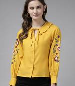 Yellow Embroidered Cotton Blend Top