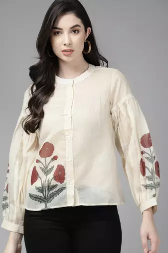 Beige Print Poly Silk Top