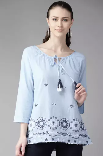 Blue Embroidered Cotton Top
