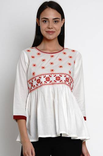 White Embroidered Cotton Blend Flared Top