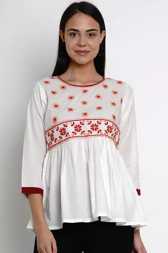 White Embroidered Cotton Blend Flared Top
