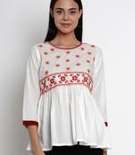 White Embroidered Cotton Blend Flared Top