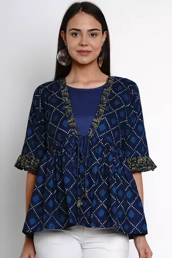 Indigo Print Cotton Blend Top