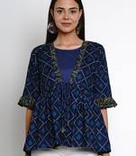 Indigo Print Cotton Blend Top