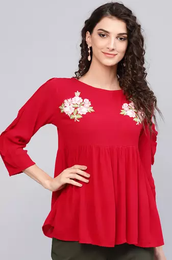 Red Solid Cotton A-Line Top