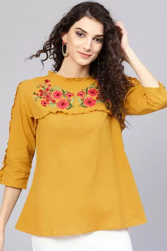 Mustard Solid Cotton A-Line Top