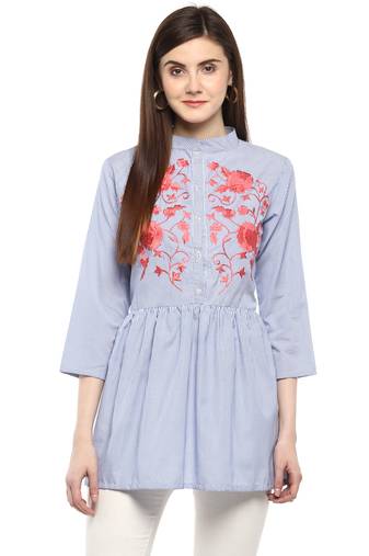 Blue Print Cotton A-Line Top