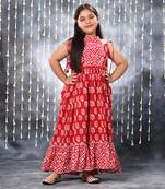 Red jaipuri floral printed long kurta  set