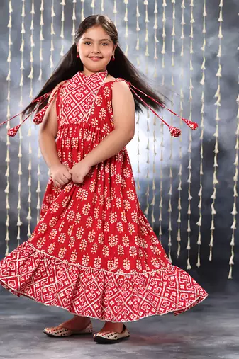 Red jaipuri floral printed long kurta  set